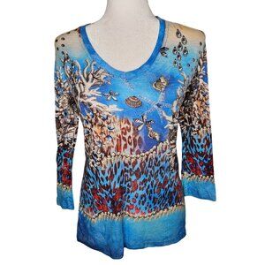 David Cline Long Sleeve V-Neck Top Blue Marine Beach Coastal Print Medium